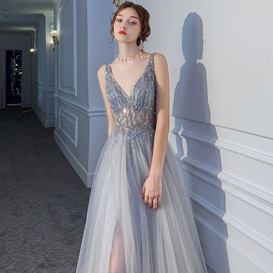 V-Neck Evening A-Line Glitter Gown