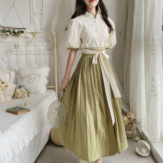 Set: Short-Sleeve Mandarin Collar Blouse + Pleated Midi A-Line Skirt