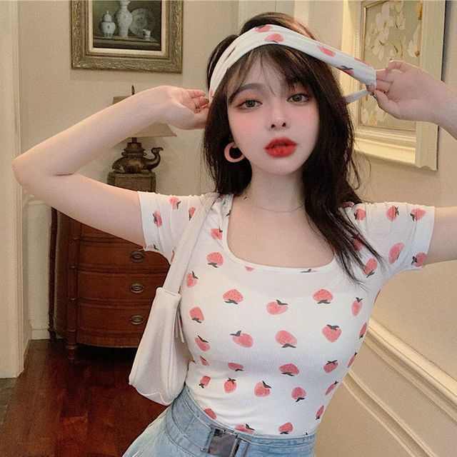 Print T-Shirt Short-Sleeve Strawberry