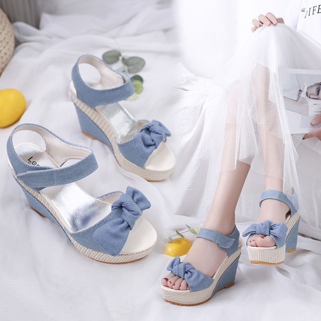 Platform Denim Wedge-Heel Sandals