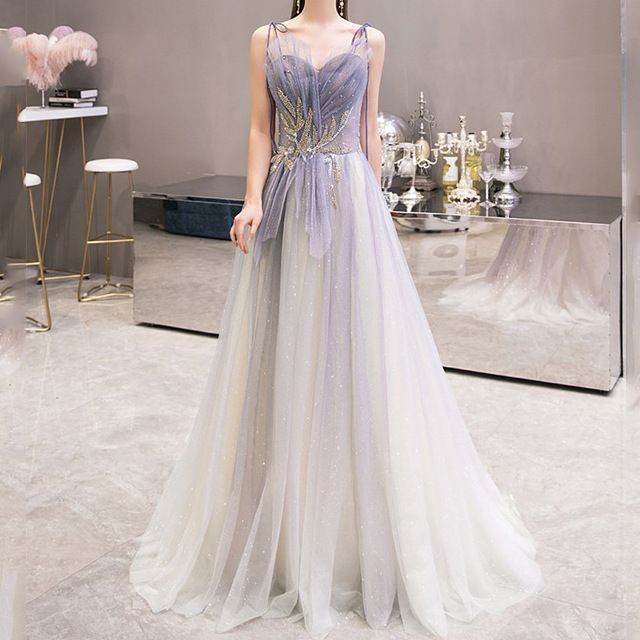 Strap Spaghetti Evening Gown Sweetheart Gradient A-Line Neckline Mesh Rhinestone