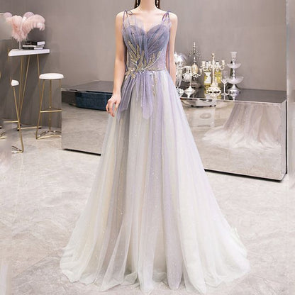 Strap Spaghetti Evening Gown Sweetheart Gradient A-Line Neckline Mesh Rhinestone