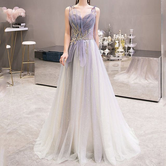 Strap Spaghetti Evening Gown Sweetheart Gradient A-Line Neckline Mesh Rhinestone