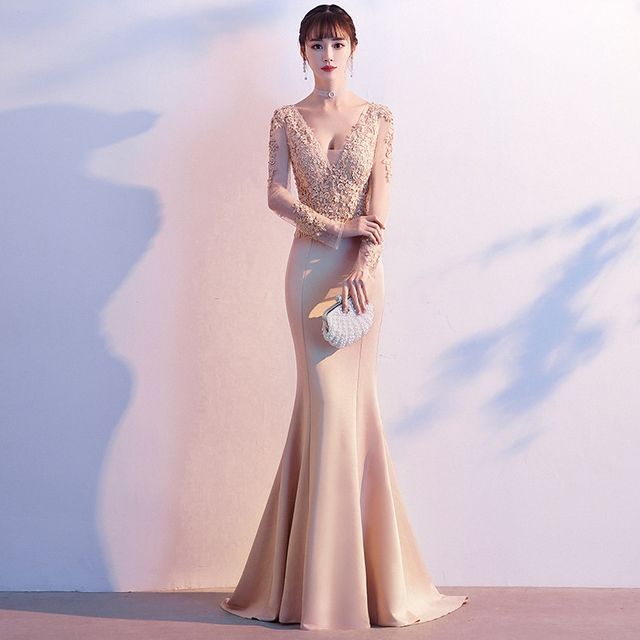 Mermaid Evening Long-Sleeve Lace V-Neck Gown