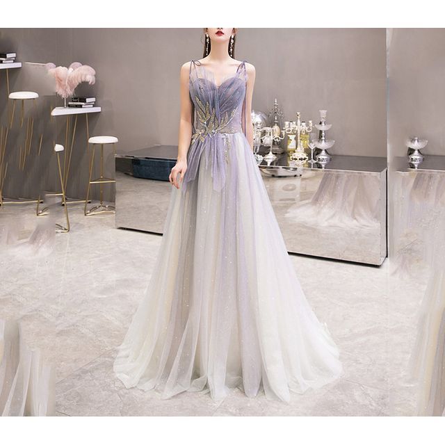 Strap Spaghetti Evening Gown Sweetheart Gradient A-Line Neckline Mesh Rhinestone