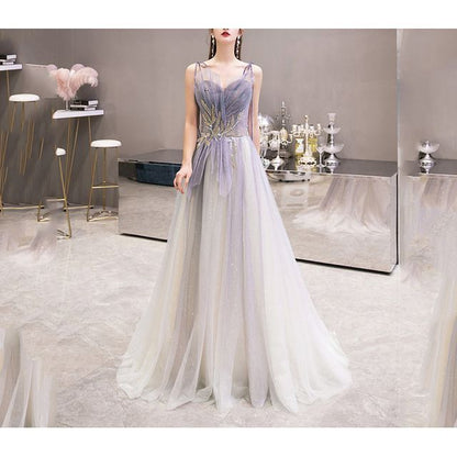 Strap Spaghetti Evening Gown Sweetheart Gradient A-Line Neckline Mesh Rhinestone