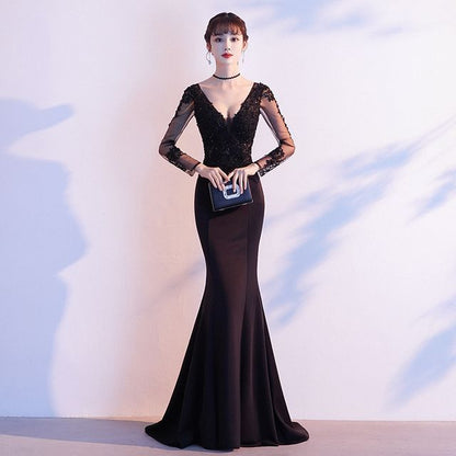 Mermaid Evening Long-Sleeve Lace V-Neck Gown