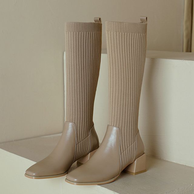 Block Heel Boots Tall Knit