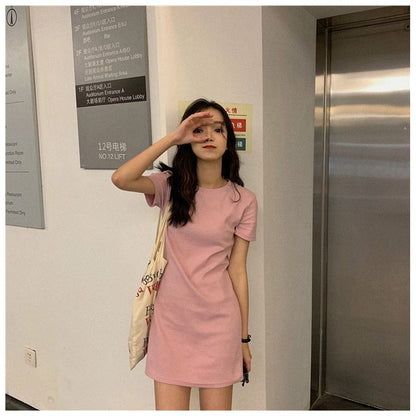 Short-Sleeve Mini Plain Dress Neck Round T-Shirt