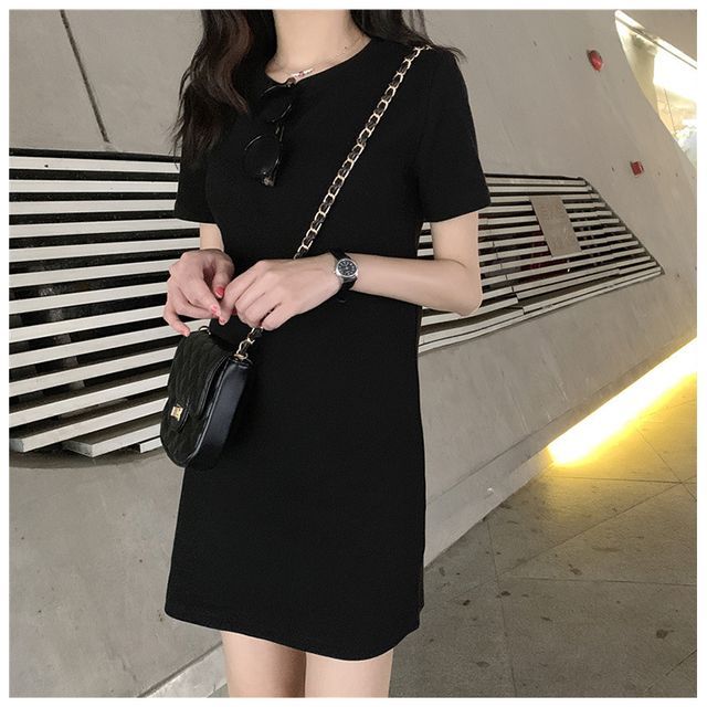 Short-Sleeve Mini Plain Dress Neck Round T-Shirt