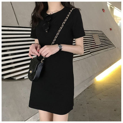 Short-Sleeve Mini Plain Dress Neck Round T-Shirt
