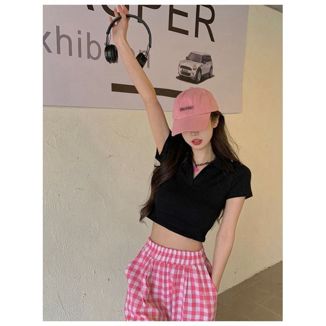 Short-Sleeve Plain Crop Top Polo