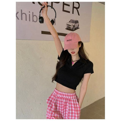 Short-Sleeve Plain Crop Top Polo