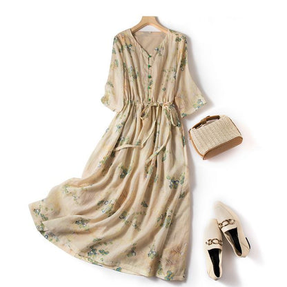 Elbow-Sleeve V-Neck Floral Button Front Midi Smock Dress