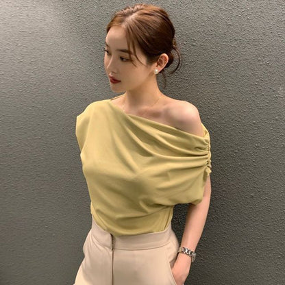 Cap-Sleeve Off-Shoulder Plain Asymmetrical Top