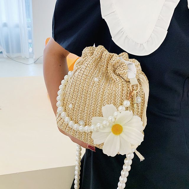 Bucket Pearl Faux Bag Woven Strap