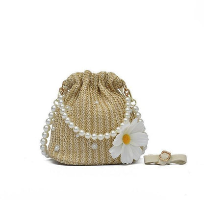 Bucket Pearl Faux Bag Woven Strap
