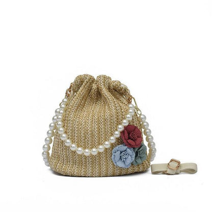 Bucket Pearl Faux Bag Woven Strap