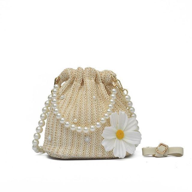 Bucket Pearl Faux Bag Woven Strap