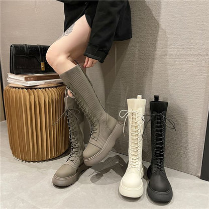 Sock Lace-Up Tall Platform Boots
