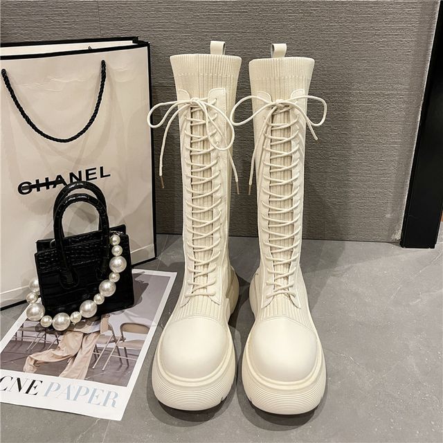 Sock Lace-Up Tall Platform Boots