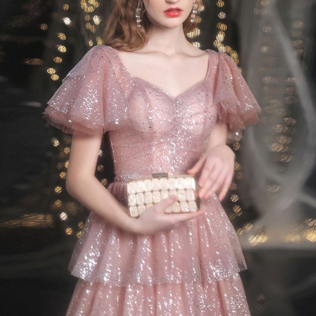 A-Line Short-Sleeve Sweetheart-Neckline Gown Evening Sequined Layered