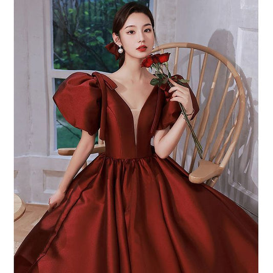 A-Line Plain Evening Gown Mesh Puff-Sleeve Panel