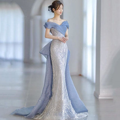 Mermaid Off-Shoulder Paneled Lace Gown Evening