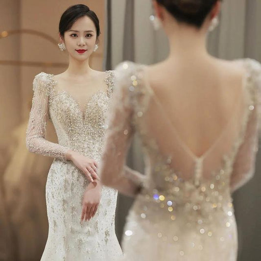 Long-Sleeve Open-Back Rhinestone Bodycon Wedding Gown