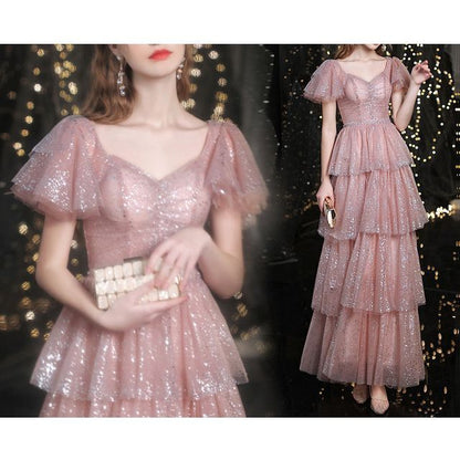 A-Line Short-Sleeve Sweetheart-Neckline Gown Evening Sequined Layered