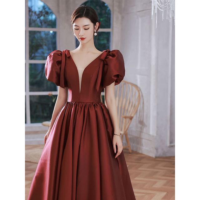 A-Line Plain Evening Gown Mesh Puff-Sleeve Panel