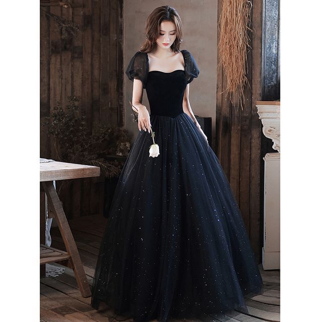 Puff-Sleeve Square-Neck Lace-Up Back A-Line Evening Gown (Various Designs)