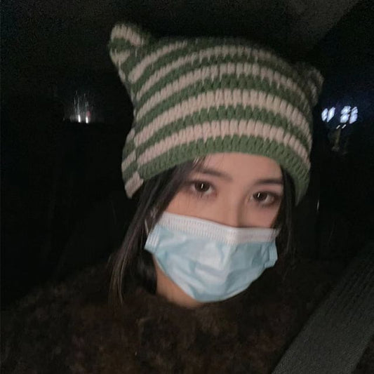 Ear Beanie Knit Striped Cat