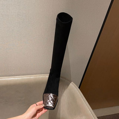 Knee-High Panel Square-Toe Boots Quilted Heel Block