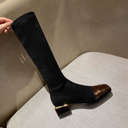 Knee-High Panel Square-Toe Boots Quilted Heel Block