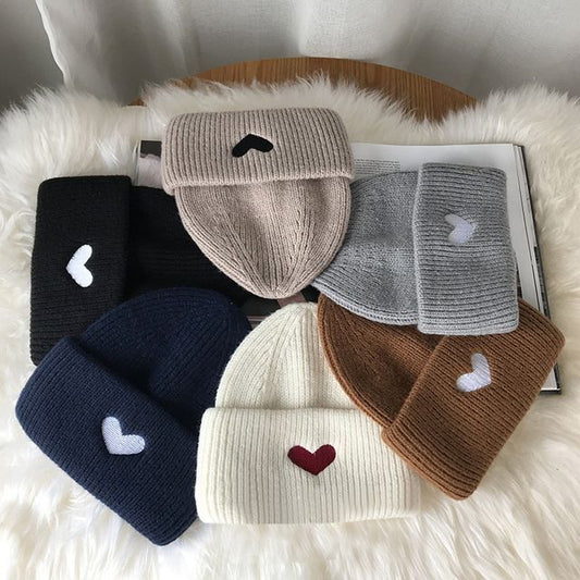 Embroidered Knit Heart Beanie