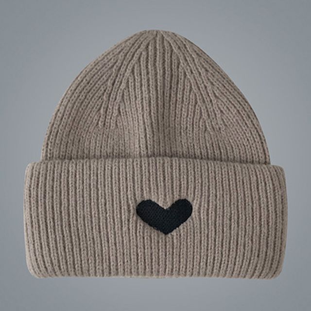 Embroidered Knit Heart Beanie