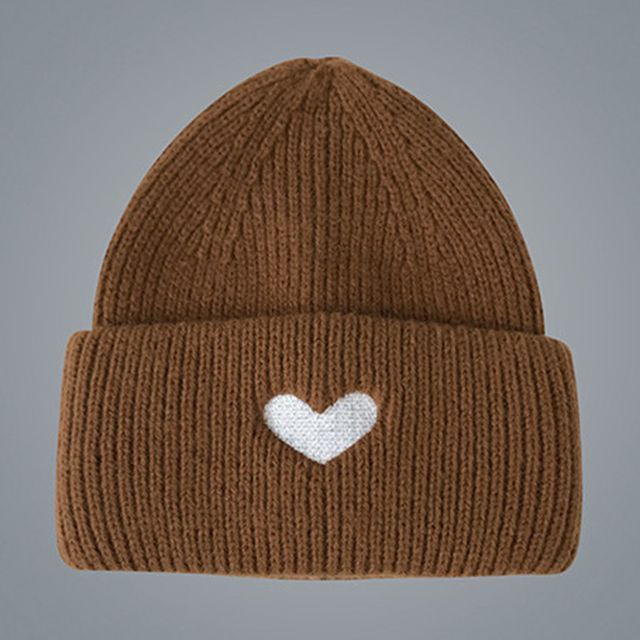 Embroidered Knit Heart Beanie