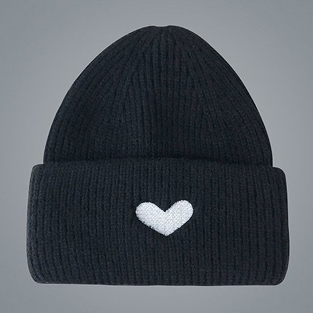 Embroidered Knit Heart Beanie