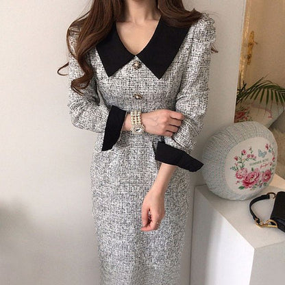 Long-Sleeve Contrast Collar Tweed Midi A-Line Dress