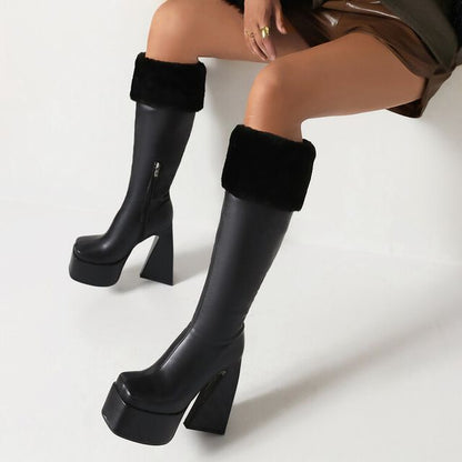 Platform Block Heel Square Toe Fleece Trim Tall Boots