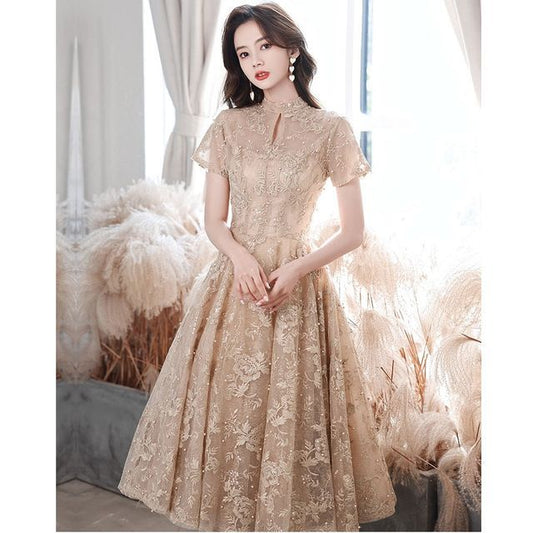 Faux Pearl Mock Neck / Short-Sleeve Embroidered Flower Dress Evening Gown Cocktail A-Line