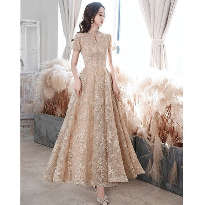 Faux Pearl Mock Neck / Short-Sleeve Embroidered Flower Dress Evening Gown Cocktail A-Line