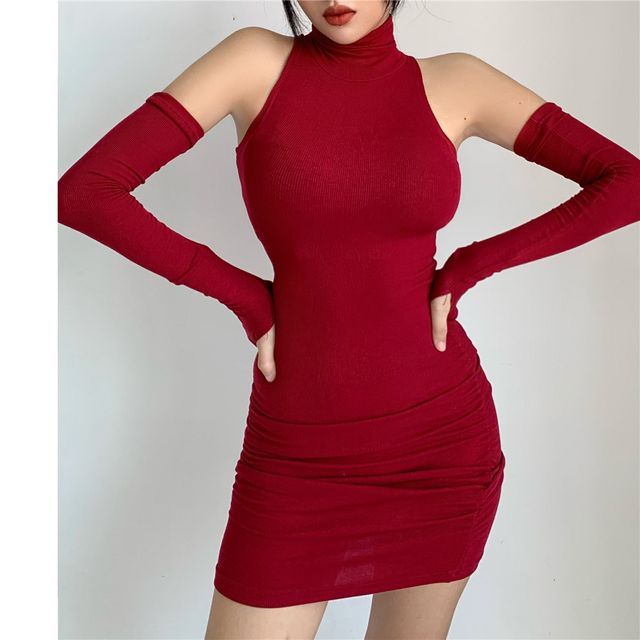 Plain Dress Sleeves Arm With Turtleneck Mini Sleeveless