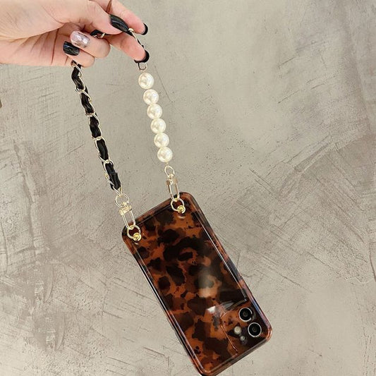 Pearl Case Faux Phone Print Leopard Chain