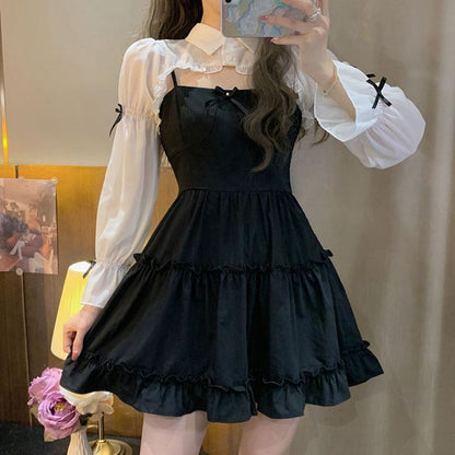 Plain Bow Ruffle Crop Shirt / Spaghetti Strap Mini A-Line Dress