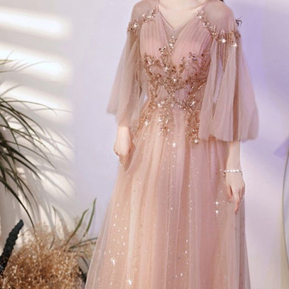 V-Neck Rhinestone A-Line Evening Gown