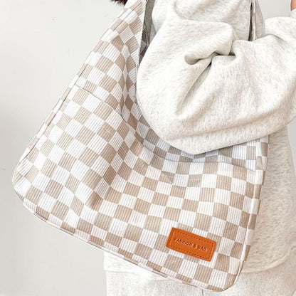 Checker Lettering Applique Corduroy Tote Bag