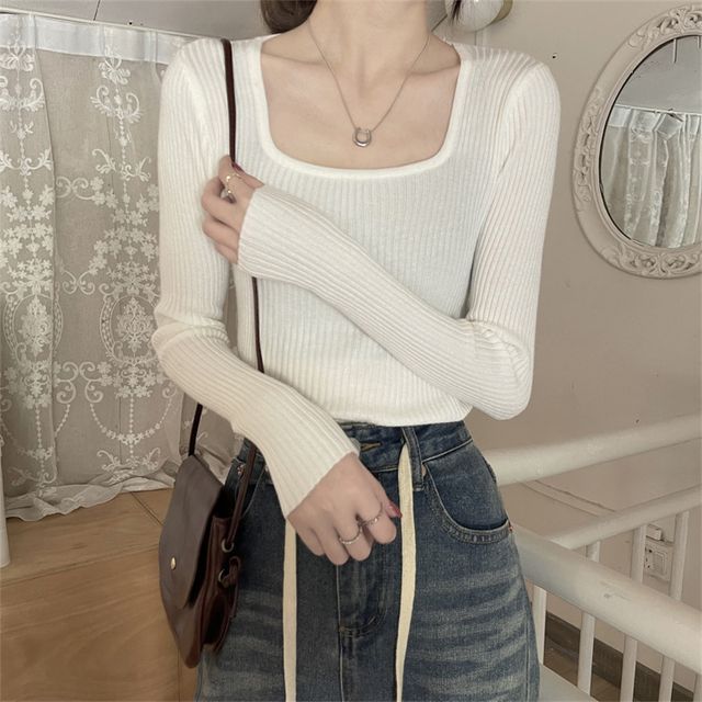 Square Neck Plain Knit Top