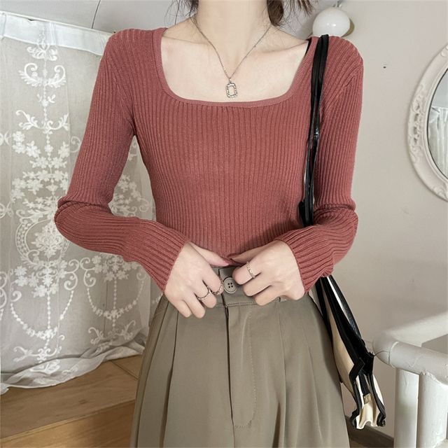 Square Neck Plain Knit Top